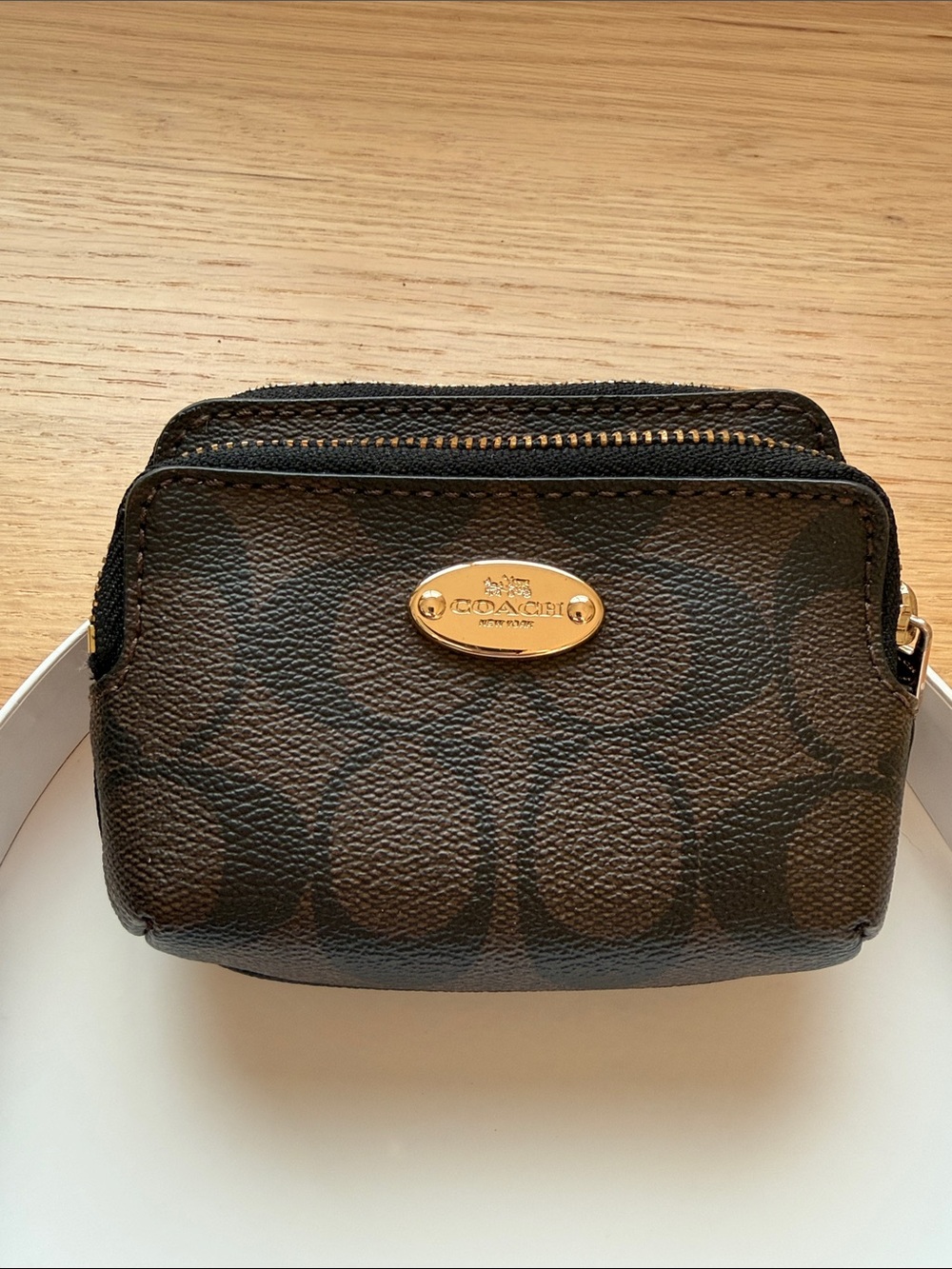 Coach Women’sBrown Signature Canvas Double-Zip Toiletry Pouch with Gold Hardware